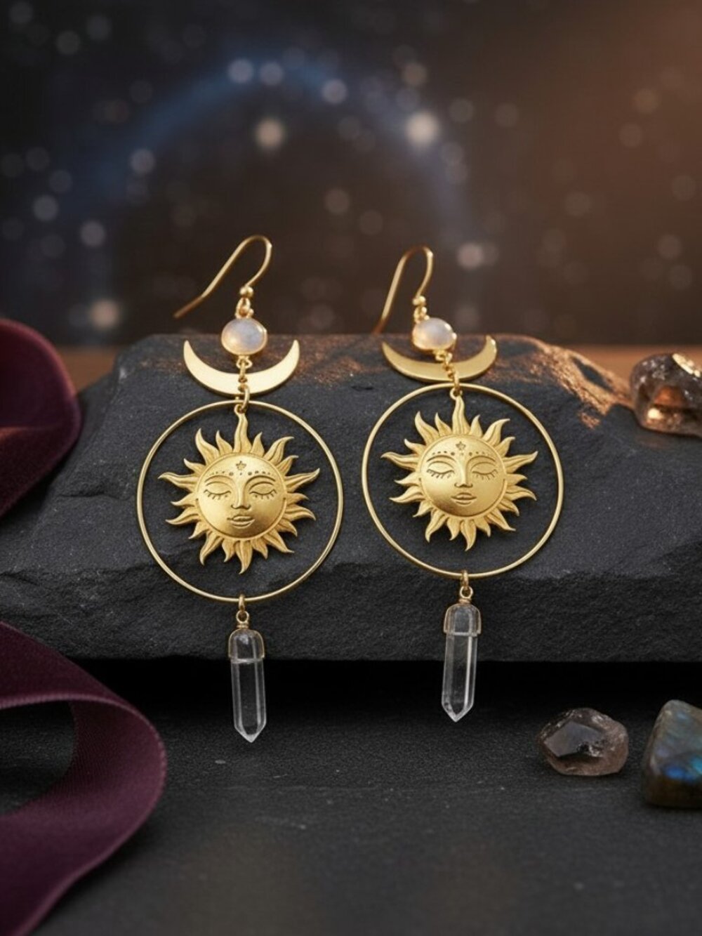 Celestial Sun Face Moon Quartz Crystal Dangle Earrings Gold Plated Boho Chic